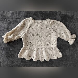 Solitaire Womens Crochet Blouse Knit Top sz sm Ivory 3/4 Sleeve Cotton Boho Y2K